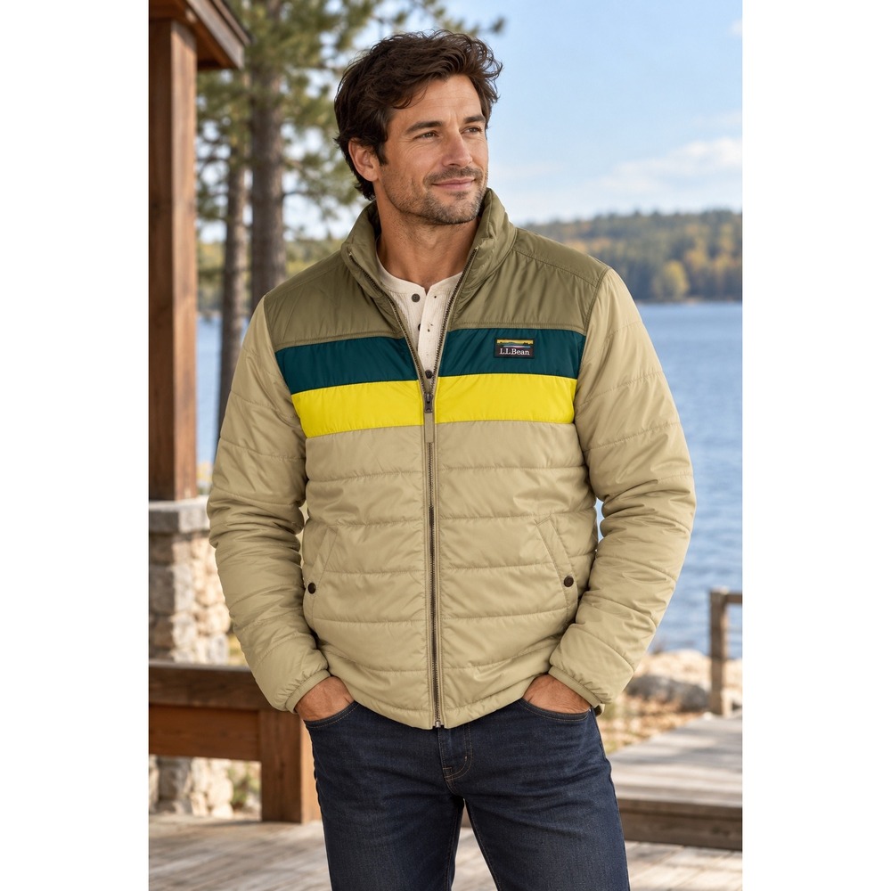 LL Bean Mens M Mountain Classic Puffer Jacket Colorblock Tan Olive Yellow NEW